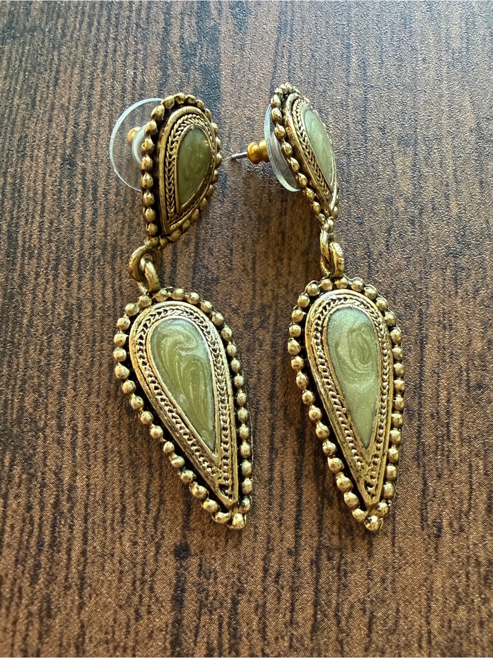 Vintage Gold-Tone Earrings with Olive Green Teardrops